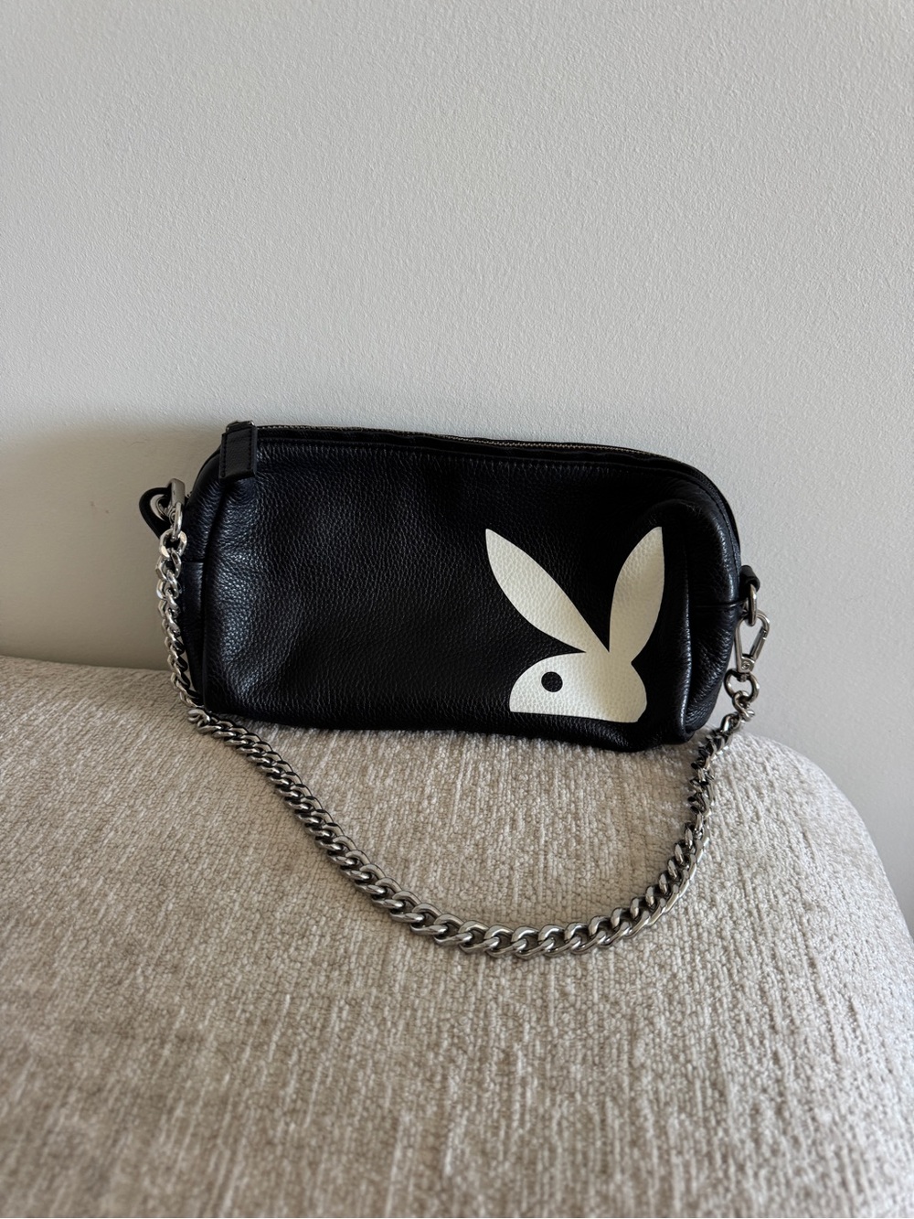 PLAYBOY BIG BUNNY Black Shoulder Bag with White Bunny Logo and Silver Chain